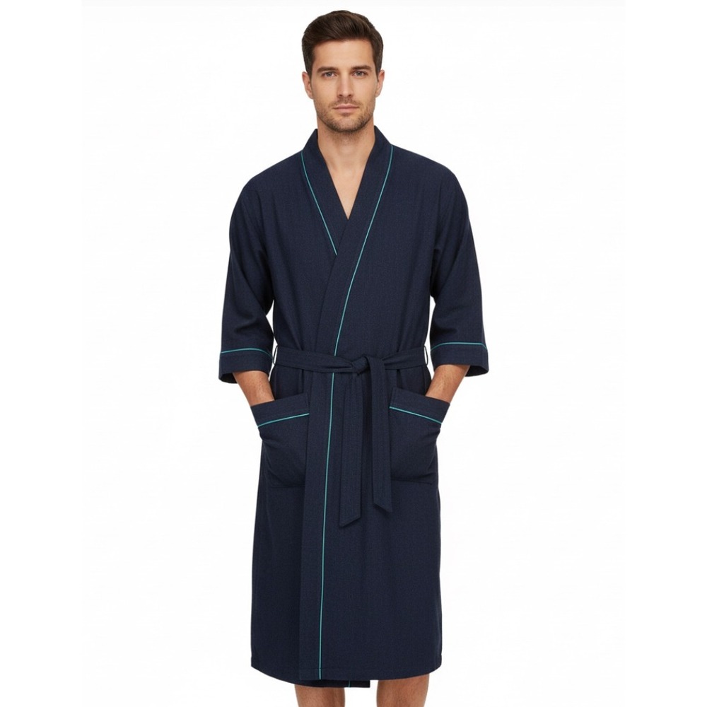 BILL BLASS Men's LIGHTWEIGHT FLEECE Tie Belt POCKETS Navy Blue LOUNGE ROBE Sz L
